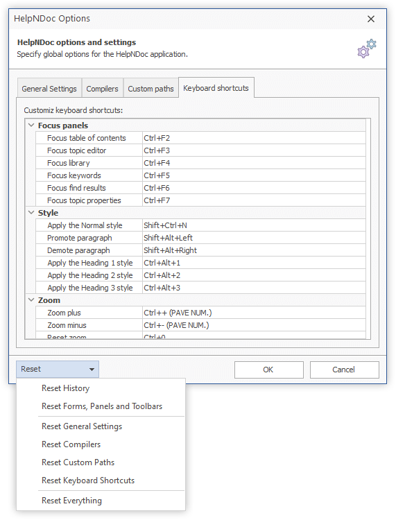 HelpNDoc keyboard shortcut editor and reset options