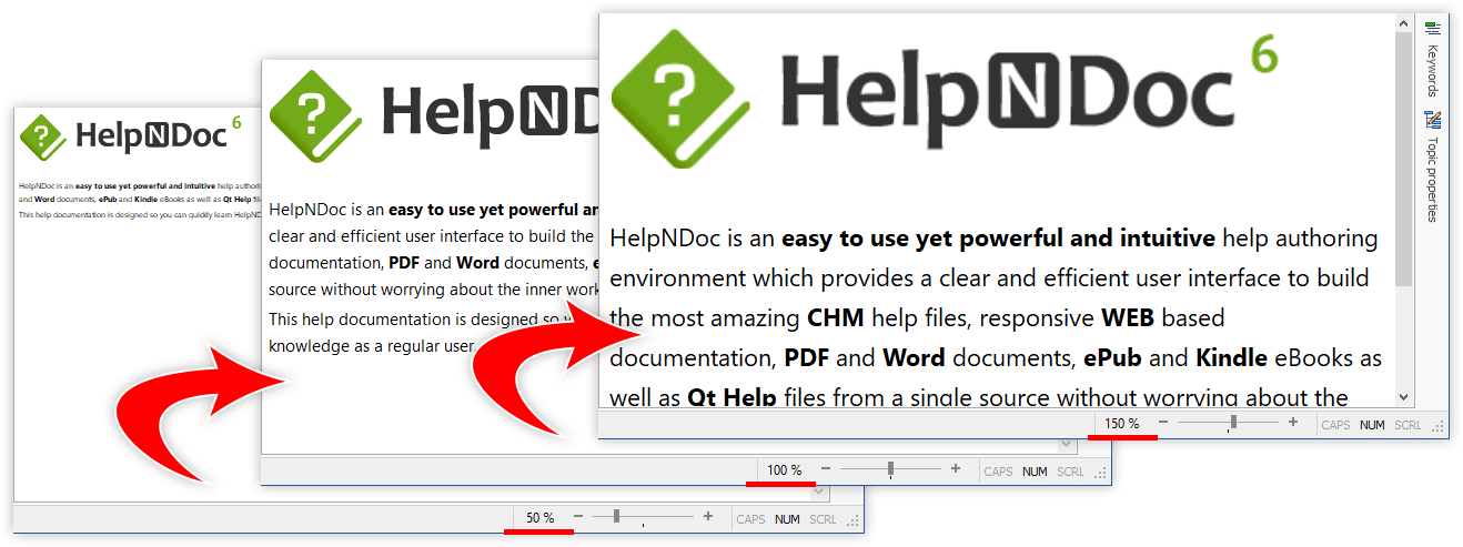 Zoom dans l'éditeur de chapitre, impression et exportation en PDF et Excel des rapports de l'analyseur avec HelpNDoc 6.6
