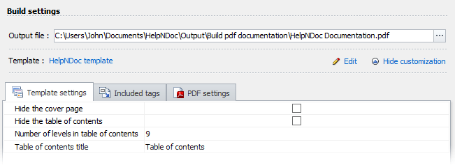 HelpNDoc's build settings: template selection