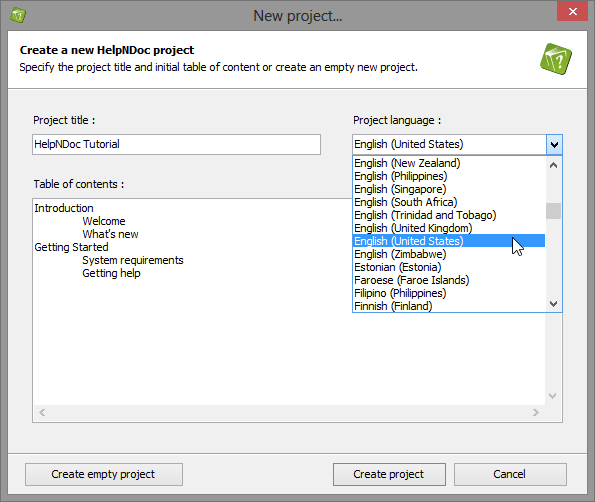 The New Project dialog pops-up