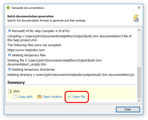 Launch generated CHM help file