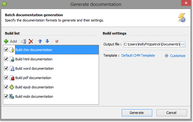 The generate documentation window