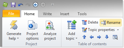 Click a topic in the table of contents and select Rename