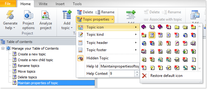 Click Topic properties in the Home ribbon tab