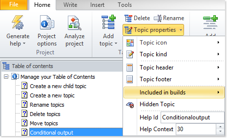 Access the included in builds menu from the ribbon